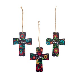 3" x 4" Religious Folk Art Cross Wood Christmas Ornaments – 12 Pc.