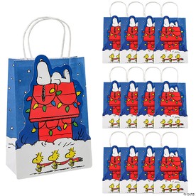 6 1/2" x 9" Medium Peanuts® Christmas Snoopy & Woodstock Paper Gift Bags - 12 Pc.
