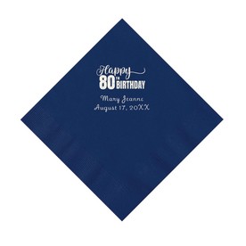 Navy Blue 80th Birthday Personalized Napkins with Silver Foil – 50 Pc. Luncheon