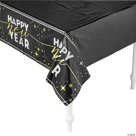 54" x 108" Happy New Year Black, White & Gold Rectangle Disposable Plastic Tablecloth