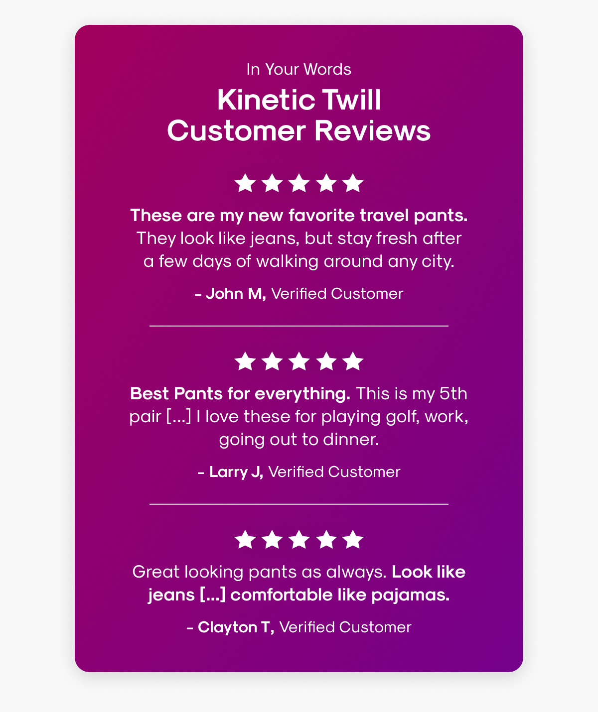 In Your Words: Kinetic Twill Customer Reviews