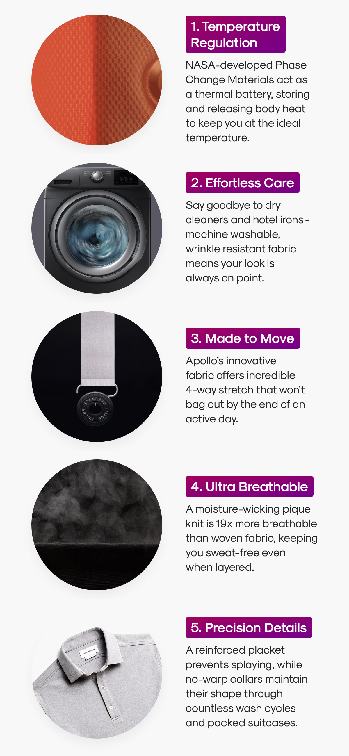 1. Temperature Regulation 2. Effortless Care 3. Made to Move 4. Ultra Breathable 5. Precision Details