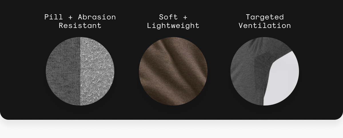 Pill + Abrasion Resistant; Soft + Lightweight; Targeted Ventilation