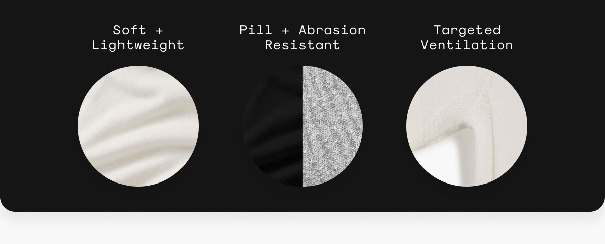 Soft + Lightweight; Pill + Abrasion Resistant; Targeted Ventilation