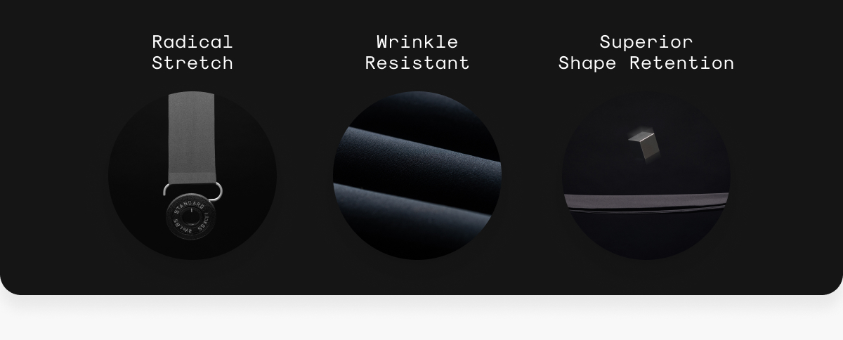 Radical Stretch; Wrinkle Resistant; Superior Shape Retention