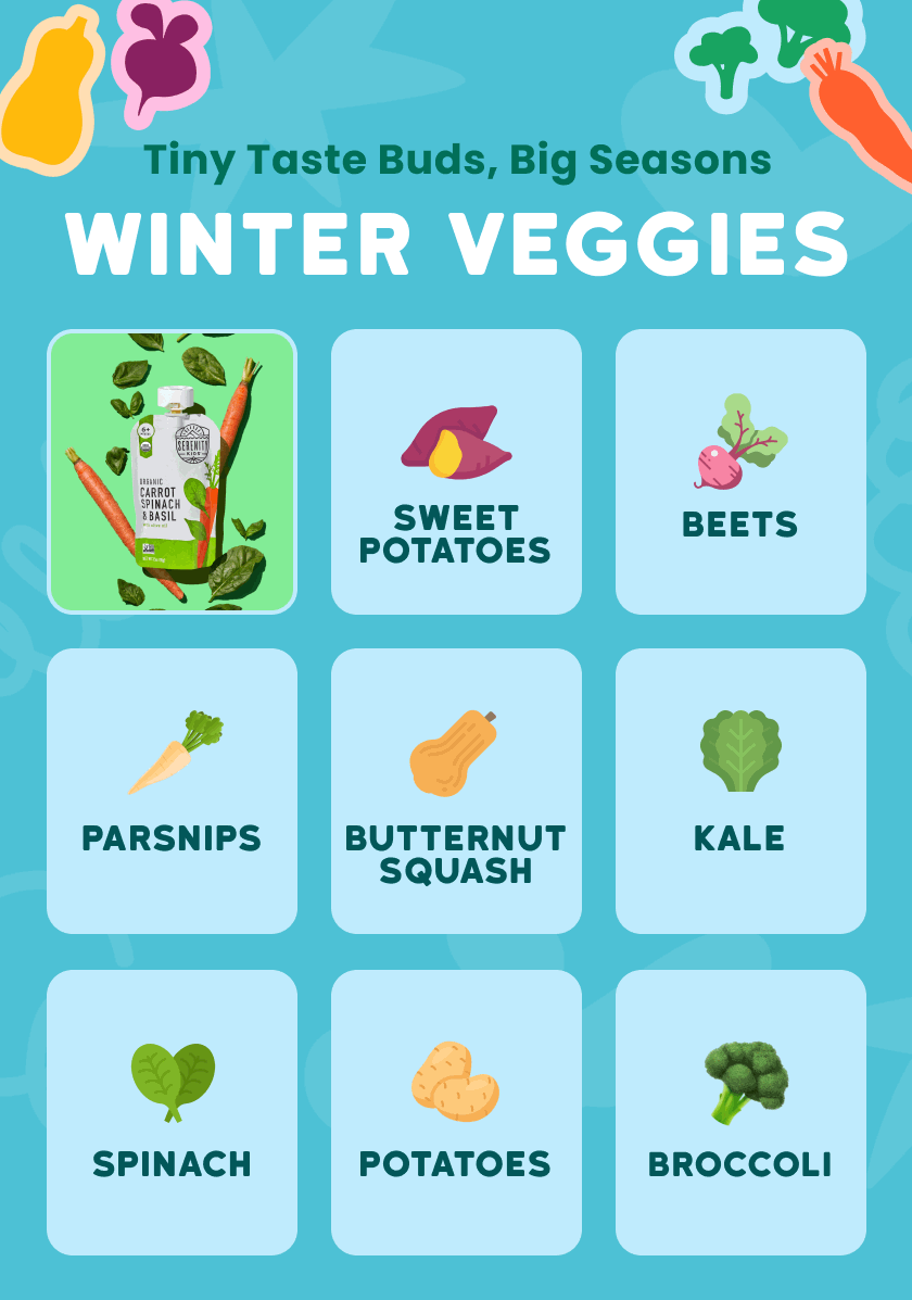 Winter veggies for tiny taste buds! Our pouches include so many veggies in season during the winter for simple flavor intros for your future foodie