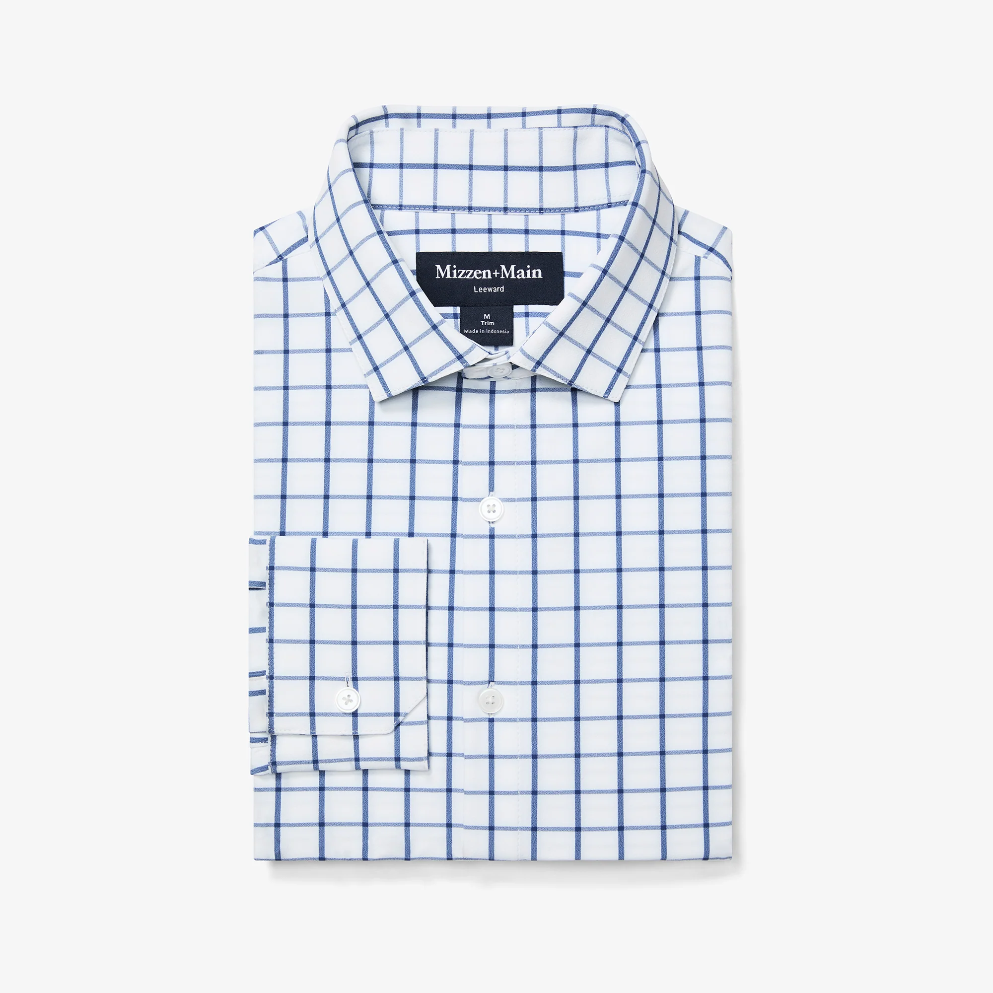 Image of White Navy Windowpane Leeward Long Sleeve Dress Shirt