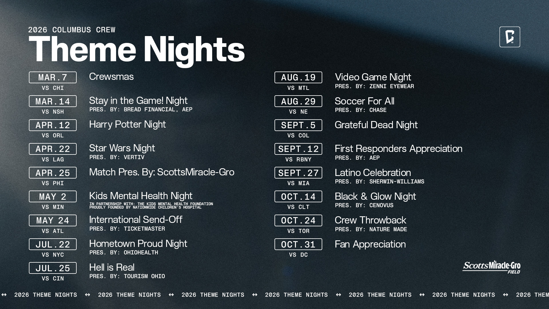 2026 Columbus Crew Theme Nights Schedule