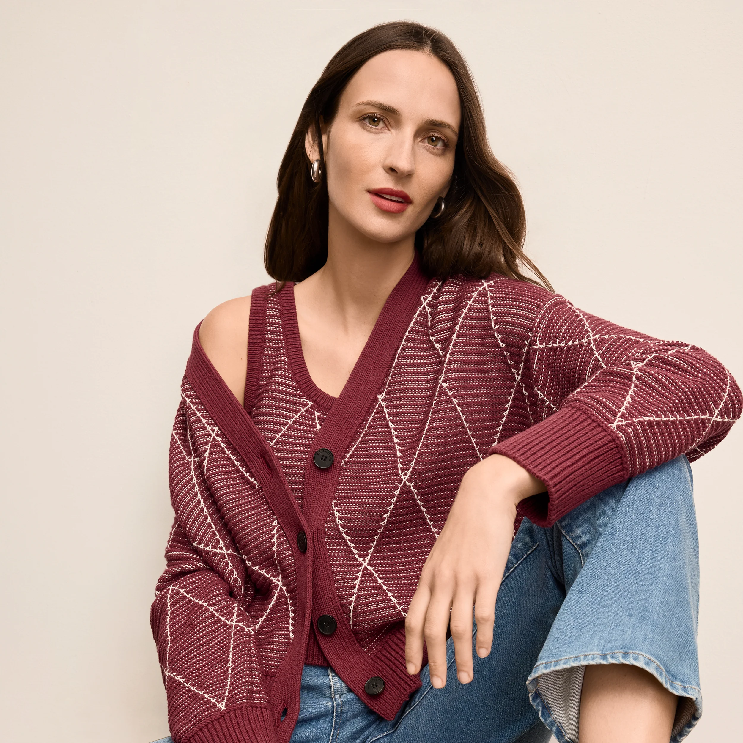 Image of Dakota Easy Luxury Cardigan - Argyle Knit :: Red Umber