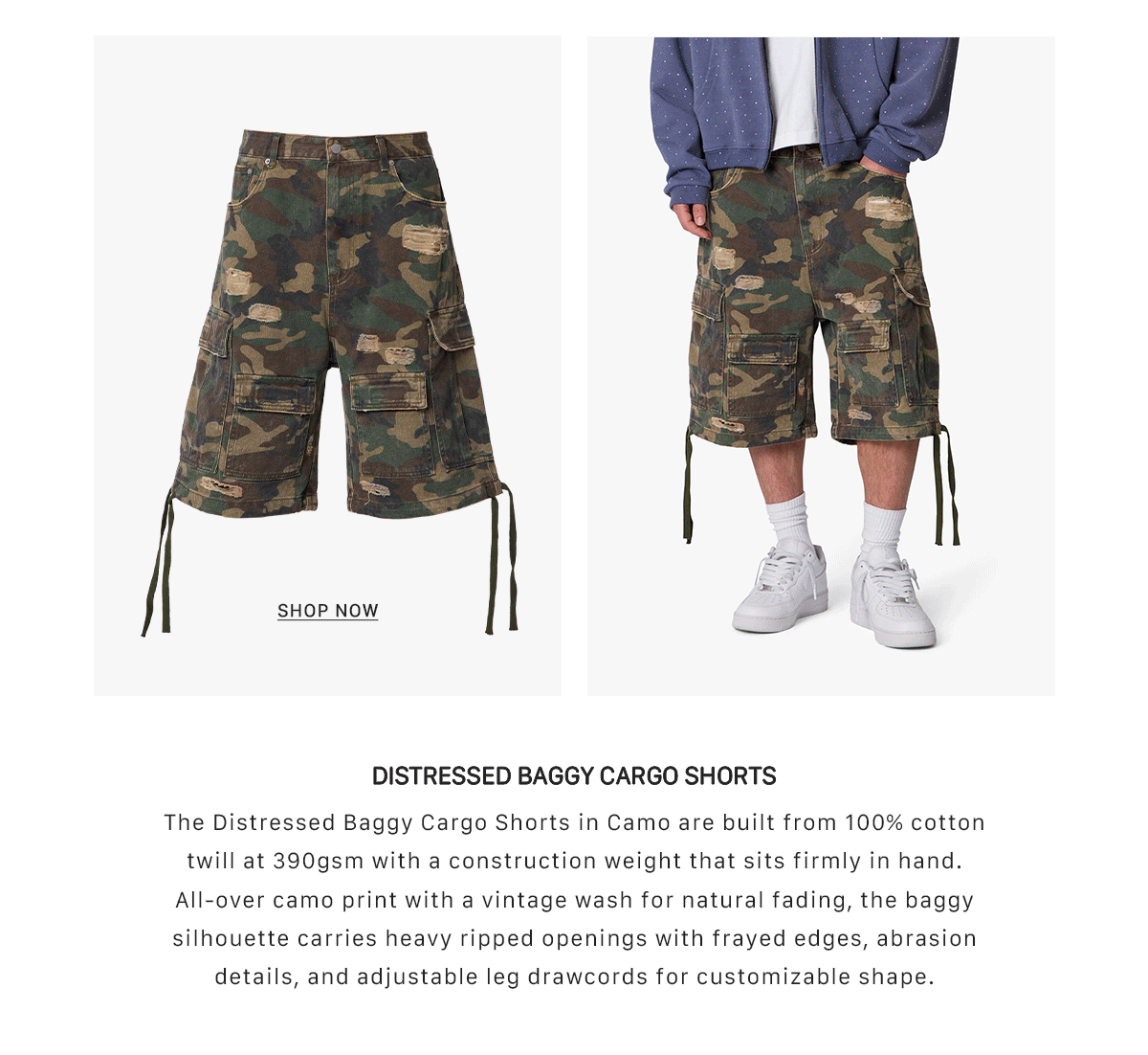DISTRESSED BAGGY CARGO SHORTS