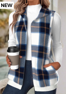 Navy Tummy Coverage Plaid Sleeveless Turn Down Collar Waistcoat