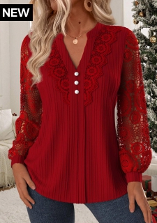 Wine Red Tummy Coverage Long Sleeve Split Neck Blouse