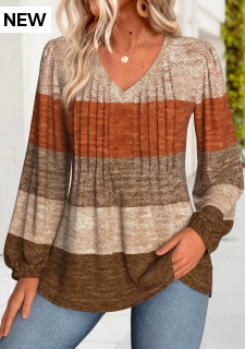 Dark Coffee Tummy Coverage Striped Long Sleeve Blouse