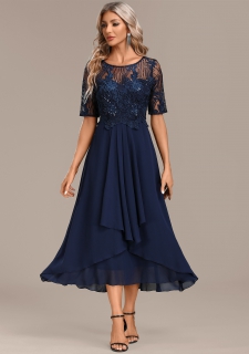 Navy Lace Short Sleeve Round Neck Dress