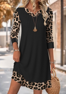 Black Tummy Coverage Leopard Short Long Sleeve Dress