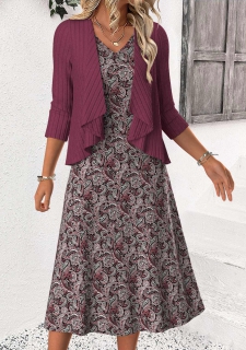 Dusty Purple Tummy Coverage Paisley Print Dress and Cardigan