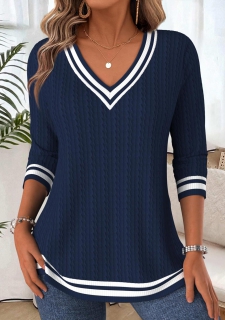 Navy Tummy Coverage Long Sleeve V Neck T Shirt