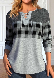 Light Grey Marl Lace Up Plaid T Shirt
