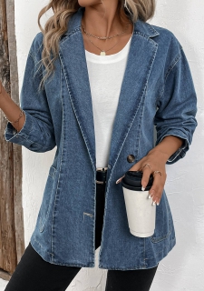 Denim Blue Patchwork Long Sleeve Lapel Coat