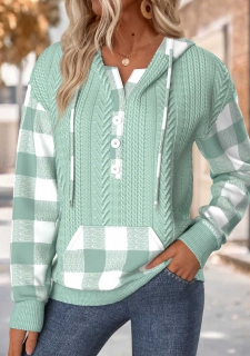 Sage Green Tummy Coverage Plaid Long Sleeve Hoodie