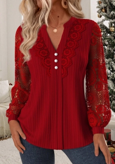 Wine Red Tummy Coverage Long Sleeve Split Neck Blouse