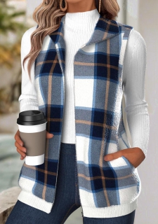 Navy Tummy Coverage Plaid Sleeveless Turn Down Collar Waistcoat