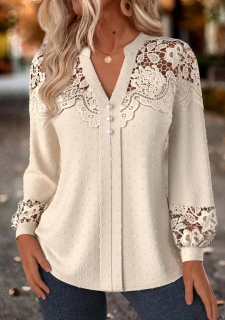 Beige Tummy Coverage Long Sleeve Split Neck Blouse