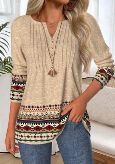 Light Camel Tummy Coverage Tribal Print T Shirt