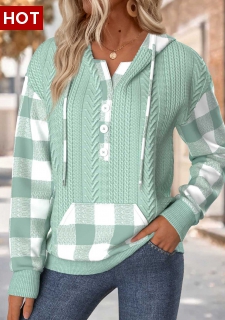Sage Green Tummy Coverage Plaid Long Sleeve Hoodie