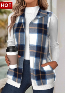 Navy Tummy Coverage Plaid Sleeveless Turn Down Collar Waistcoat