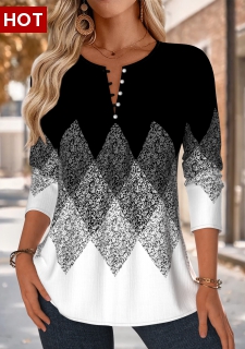 Black Tuck Stitch Geometric Print Long Sleeve Blouse