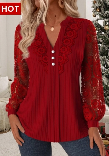 Wine Red Tummy Coverage Long Sleeve Split Neck Blouse