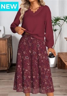Wine Red Tummy Coverage Long Sleeve Top and Skirt