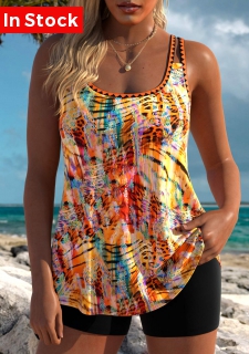 Animal Print Orange Scoop Neck Tankini Top