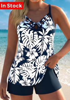 Bowknot Mid Waisted Floral Print Navy Tankini Set