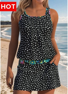Navy Mid Waisted Two-piece Polka Dot Tankini Set