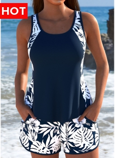 Mid Waisted Floral Print Navy Tankini Set