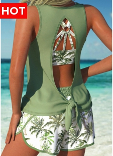 Three-piece Mid Waisted Tropical Plants Print Tankini Set