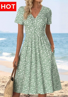 Light Green Ditsy Floral Print Surplice Short Sleeve Dress