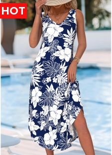 Navy Tummy Coverage Floral Print Sleeveless V Neck Dress