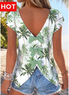 Light Green Tummy Coverage Tropical Plants Print T Shirt