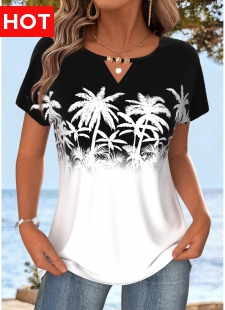 White Tummy Coverage Tropical Plants Print T Shirt