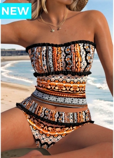 Orange Mid Waisted Patchwork Tribal Print Tankini Set