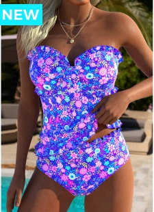 Purple Mid Waisted Frill Ditsy Floral Print Tankini Set