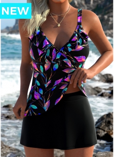 Black Mid Waisted Tummy Coverage Leaf Print Tankini Set