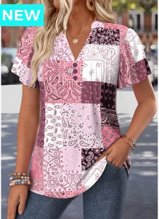 Pink Tribal Print Curved Hem Short Sleeve T Shirt