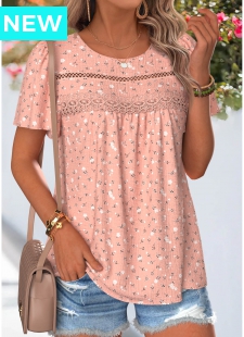 Light Pink Floral Print Patchwork Short Sleeve T Shirt