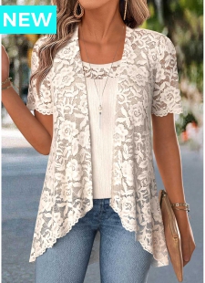 Beige Two-piece Short Sleeve Cardigan and Tank Top
