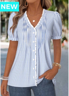 Dusty Blue Striped Frill Short Sleeve T Shirt