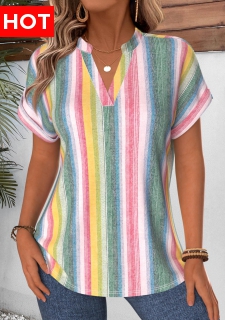 Multi Color Striped Curved Hem Short Sleeve Blouse